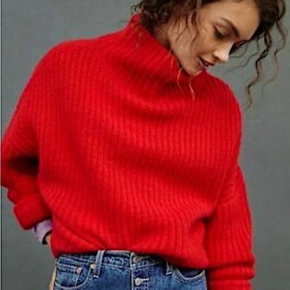 MAEVE LONG SLEEVE MOCK NECK PULLOVER SWEATER RED - S (USED ORANGE FOR MODEL) - Picture 1 of 8
